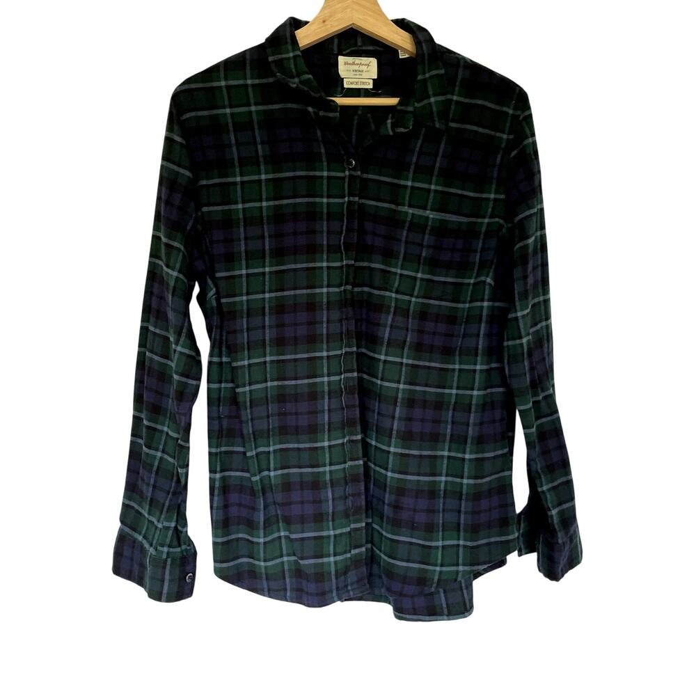 Weatherproof Blue Green Checkered Button Down Shirt Women's L Comfort Stretch